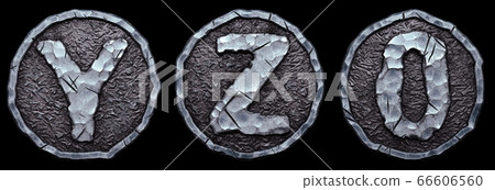 Set of capital letters Y, Z and number 0 made of forged metal in the center of coin isolated on black background. 3d 66606560