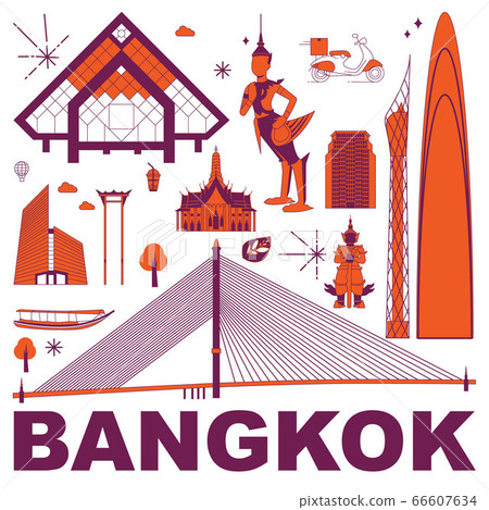 Bangkok culture travel set, famous architectures and specialties in flat design. Business travel and tourism concept clipart. Image for presentation, banner, website, advert, flyer, roadmap, icons Bangkok culture travel set, famous architectures and specialties in flat design. Business travel and tourism concept clipart. Image for presentation, banner, website, advert, flyer, roadmap, icons 66607634