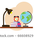 table lamp with alarm clock, books and globe in flat style 66608929