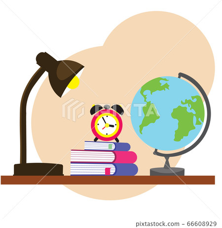 table lamp with alarm clock, books and globe in flat style table lamp with alarm clock, books and globe in flat style 66608929