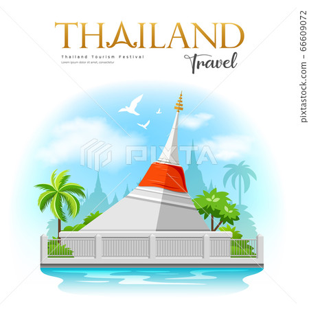 White pagoda with red fabric, ko kret, small island in the Chao Phraya River White pagoda with red fabric, ko kret, small island in the Chao Phraya River 66609072