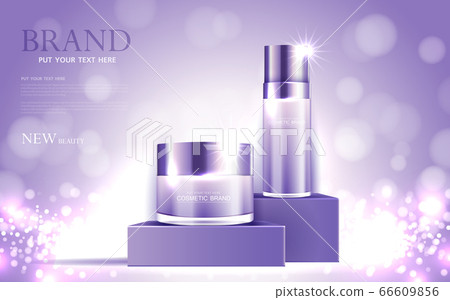 Cosmetics or skin care gold product ads purple bottle and background glittering light effect. vector design. 66609856