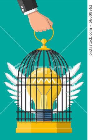 Bird cage in hand with light bulb of idea inside. Bird cage in hand with light bulb of idea inside. 66609962
