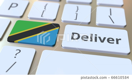 Deliver text and flag of Tanzania on the computer keyboard. Logistics related 3D rendering Deliver text and flag of Tanzania on the computer keyboard. Logistics related 3D rendering 66610584