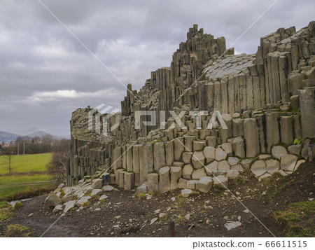 basalt pillars lava vulcanic rock formation organ shape with lake panska skala in kamenicky senov prachen czech republic 66611515