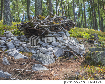 fairy tale house for dwarf in forest build by children from stones, wood and moss, playing in forest, tree background 66611592