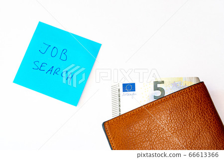 Flat lay. Notebook with job search phrase and open old shabby empty wallet purse, on white background. Searching a work, last money, poverty, unemployment, job loss concept. 66613366