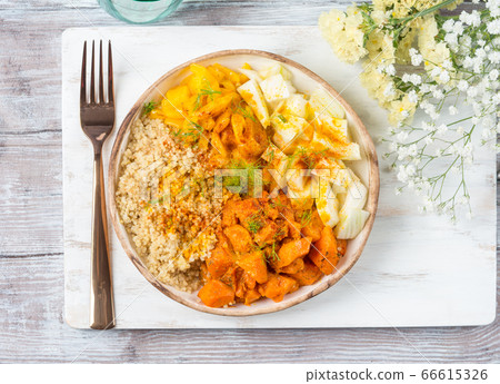 Quinoa bowl with pumpkin, fennel, bell pepper 66615326