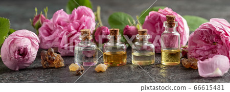 Panoramic header of essential oil bottles, frankincense and roses Panoramic header of essential oil bottles, frankincense and roses 66615481