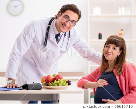 Pregnant woman visiting doctor discussing healthy diet 66615710