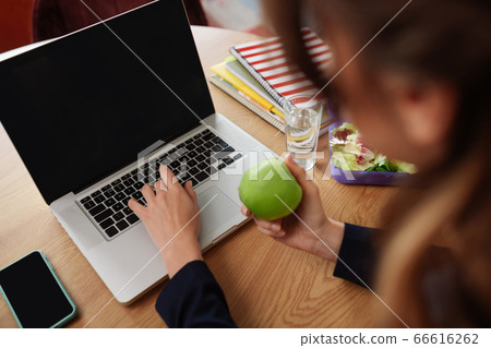 Female hands with apple over laptop keyboard Female hands with apple over laptop keyboard 66616262
