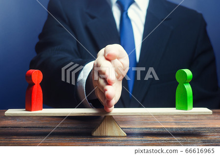 Man divides conflicting sides parties with a hand on scales. Avoidance violence, bullying. protection of witnqesses. Mediator services. Finding a compromise. Stop hot phase of war, ceasefire fight. 66616965