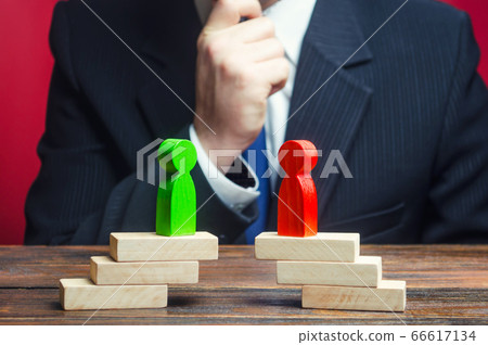 A businessman is studying the negotiation process and rivalry parties. Truce agreement. Candidates Political Debate. civilized resolution disputes, search for compromise. Establishing contact. 66617134