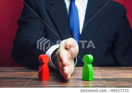 Man divides warring parties conflict with a hand. Mediator services. Stop fight, ceasefire clashes, hot phase of war. Finding a compromise. Avoidance violence, bullying. protection of witnesses. 66617135
