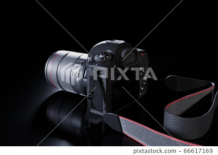Professional digital SLR photo camera with a zoom lens and a leather strap on a black background with copy space. Top angle view. Realistic 3d render. Place for advertising text. Reflection at bottom 66617169