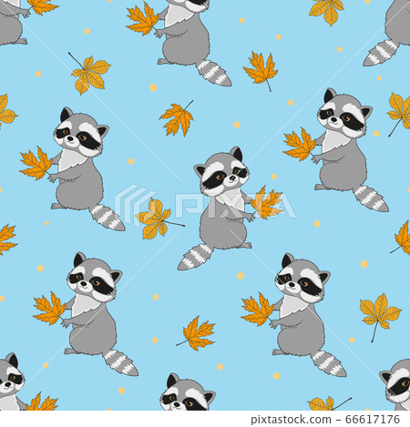 Seamless pattern with cute raccoons and autumn... - Stock Illustration ...