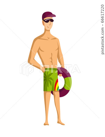 Summer beach activities. Guy stand with inflatable circle. Beach vacation. Cartoon style Summer beach activities. Guy stand with inflatable circle. Beach vacation. Cartoon style 66617220