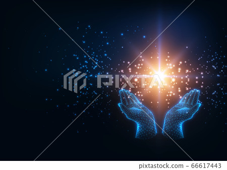 Futuristic healing energy concept with glowing low poly human hands holding magic sparkling star Futuristic healing energy concept with glowing low poly human hands holding magic sparkling star 66617443