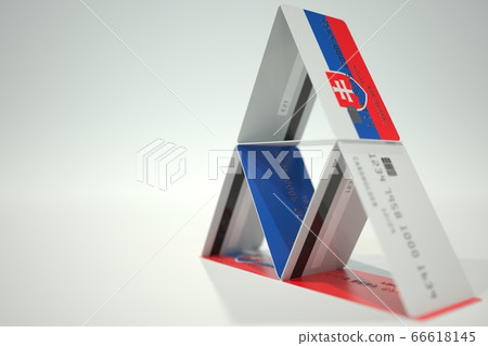 National flag of Slovakia on credit card house, fictional data. Risky financial decisions related 3D rendering 66618145