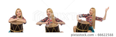 Woman with drum isolated on white 66622588