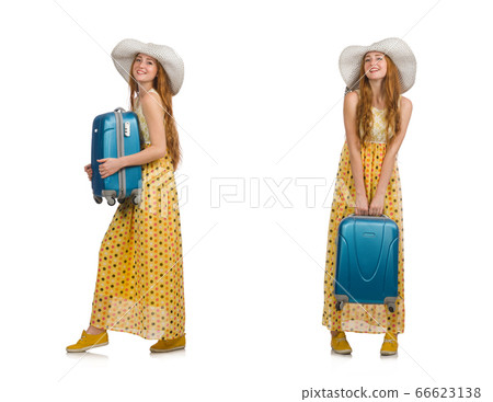 Woman ready for summer travel isolated on white Woman ready for summer travel isolated on white 66623138