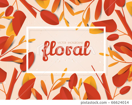 Red and yellow leaves flat lay on light orange background, paper art/paper cutting style 66624014