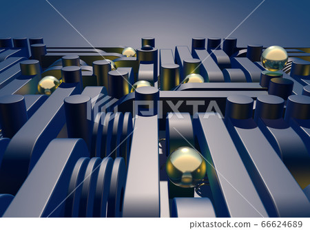 Blue industrial or technology abstraction with shiny golden balls and connection pipes. 3D illustration 66624689