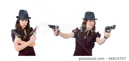 Young woman gangster with gun on white Young woman gangster with gun on white 66624707