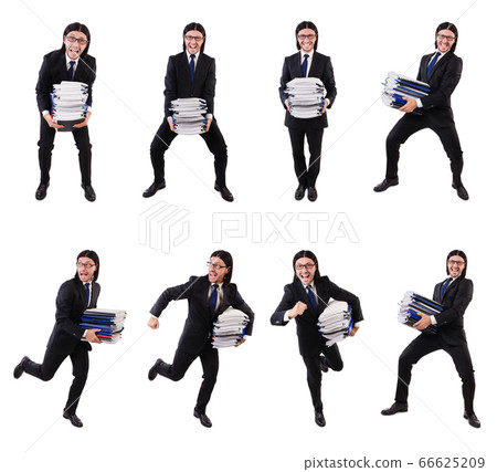 Funny man with lots of papers on white 66625209