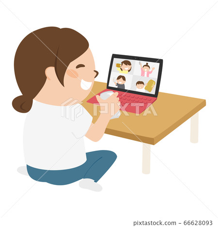 Illustration of a young woman enjoying a remote drinking party online. 66628093