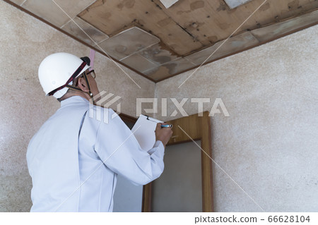 Businessmen investigating the leaked ceiling before housing renovation 66628104