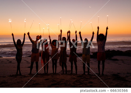 Multi-ethnic group of male and female having fun on the beach 66630366