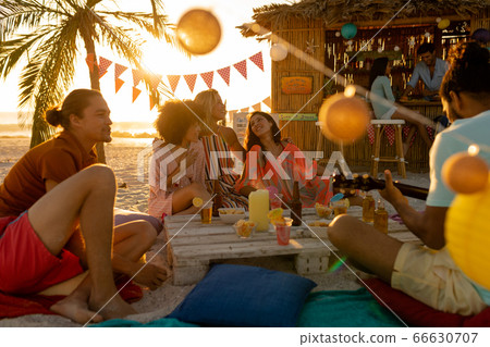 Mixed race friends group having fun on beach 66630707