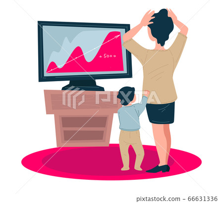 Woman shocked by news on tv, female with kid 66631336