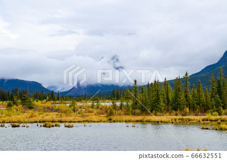 Autumn Canadian Rockies Lake Vermillion after rain and Mt. Randle covered in clouds (Banff National Park Canada) 66632551