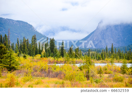 Autumn Canadian Rockies Lake Vermillion after rain and Mt. Randle covered in clouds (Banff National Park Canada) 66632559