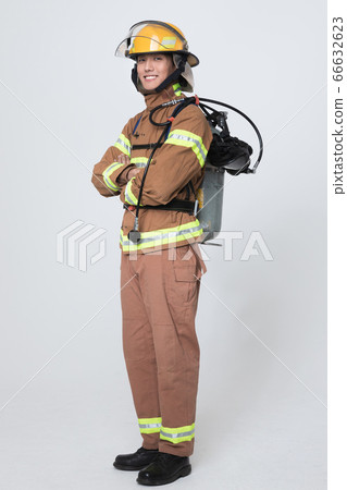 Asian male and female firefighter portrait, young smiling fireman in uniform 416 66632623