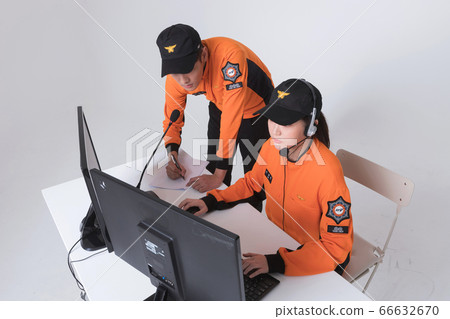 Asian male and female firefighter portrait, young smiling fireman in uniform 281 Asian male and female firefighter portrait, young smiling fireman in uniform 281 66632670