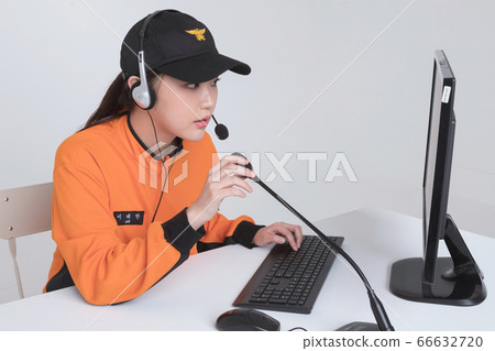Asian male and female firefighter portrait, young smiling fireman in uniform 273 66632720