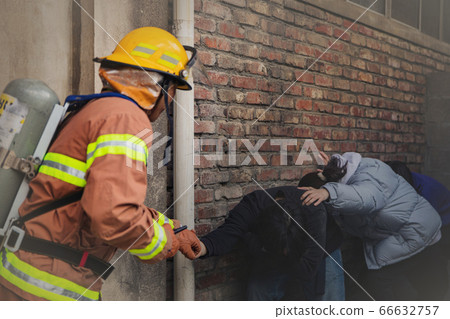 Asian male and female firefighter portrait, young smiling fireman in uniform 335 Asian male and female firefighter portrait, young smiling fireman in uniform 335 66632757