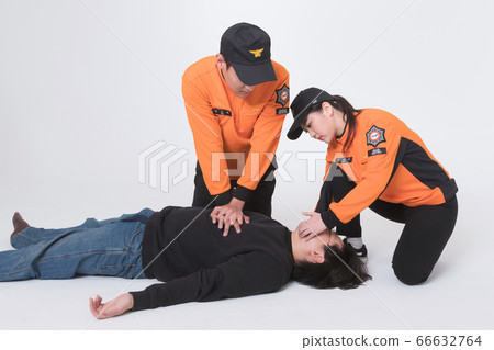 Asian male and female firefighter portrait, young smiling fireman in uniform 262 66632764