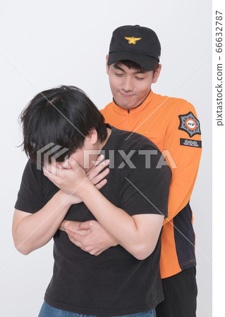 Asian male and female firefighter portrait, young smiling fireman in uniform 264 66632787