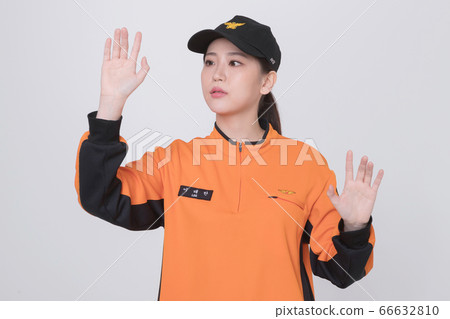 Asian male and female firefighter portrait, young smiling fireman in uniform 186 66632810