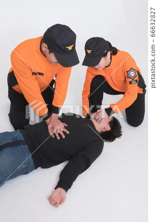 Asian male and female firefighter portrait, young smiling fireman in uniform 258 66632827