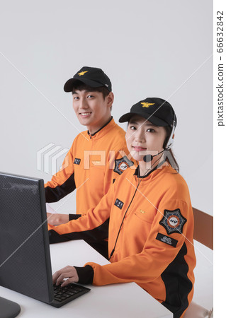 Asian male and female firefighter portrait, young smiling fireman in uniform 272 Asian male and female firefighter portrait, young smiling fireman in uniform 272 66632842