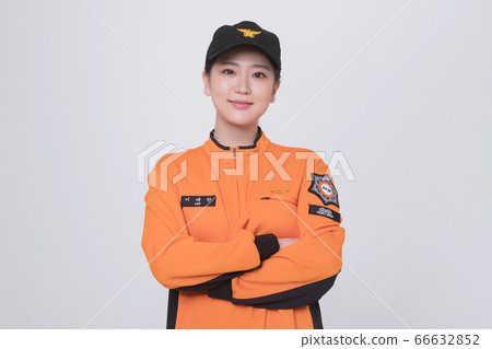 Asian male and female firefighter portrait, young smiling fireman in uniform 206 Asian male and female firefighter portrait, young smiling fireman in uniform 206 66632852
