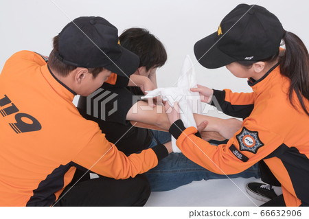 Asian male and female firefighter portrait, young smiling fireman in uniform 192 66632906