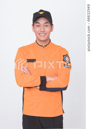 Asian male and female firefighter portrait, young smiling fireman in uniform 054 Asian male and female firefighter portrait, young smiling fireman in uniform 054 66632949