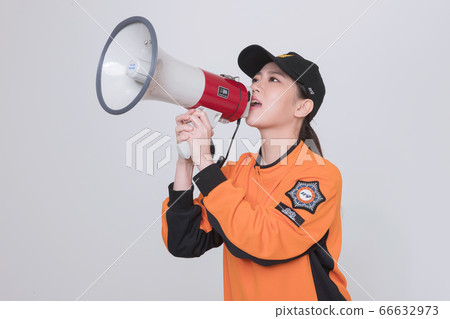 Asian male and female firefighter portrait, young smiling fireman in uniform 209 66632973