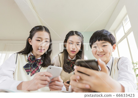 Group of school students portrait, happy smiling male and female students 302 66633423